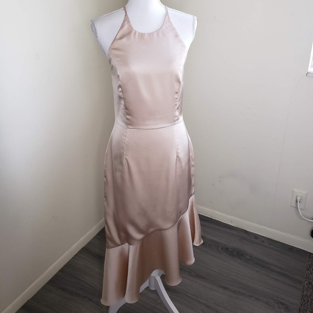 Lavish Alice Asymmetric Backless Bodycon Midi Dress Champagne Satin Size 8